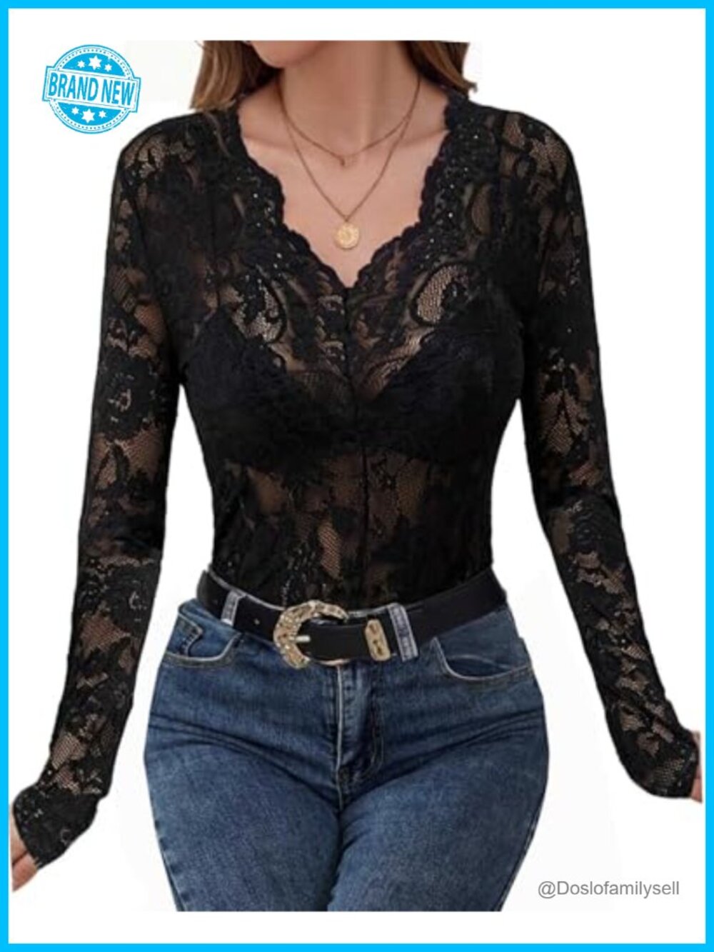 Women's Lace Long Sleeve Top Sheer Floral Lace Shirt V Neck Mesh Blouse